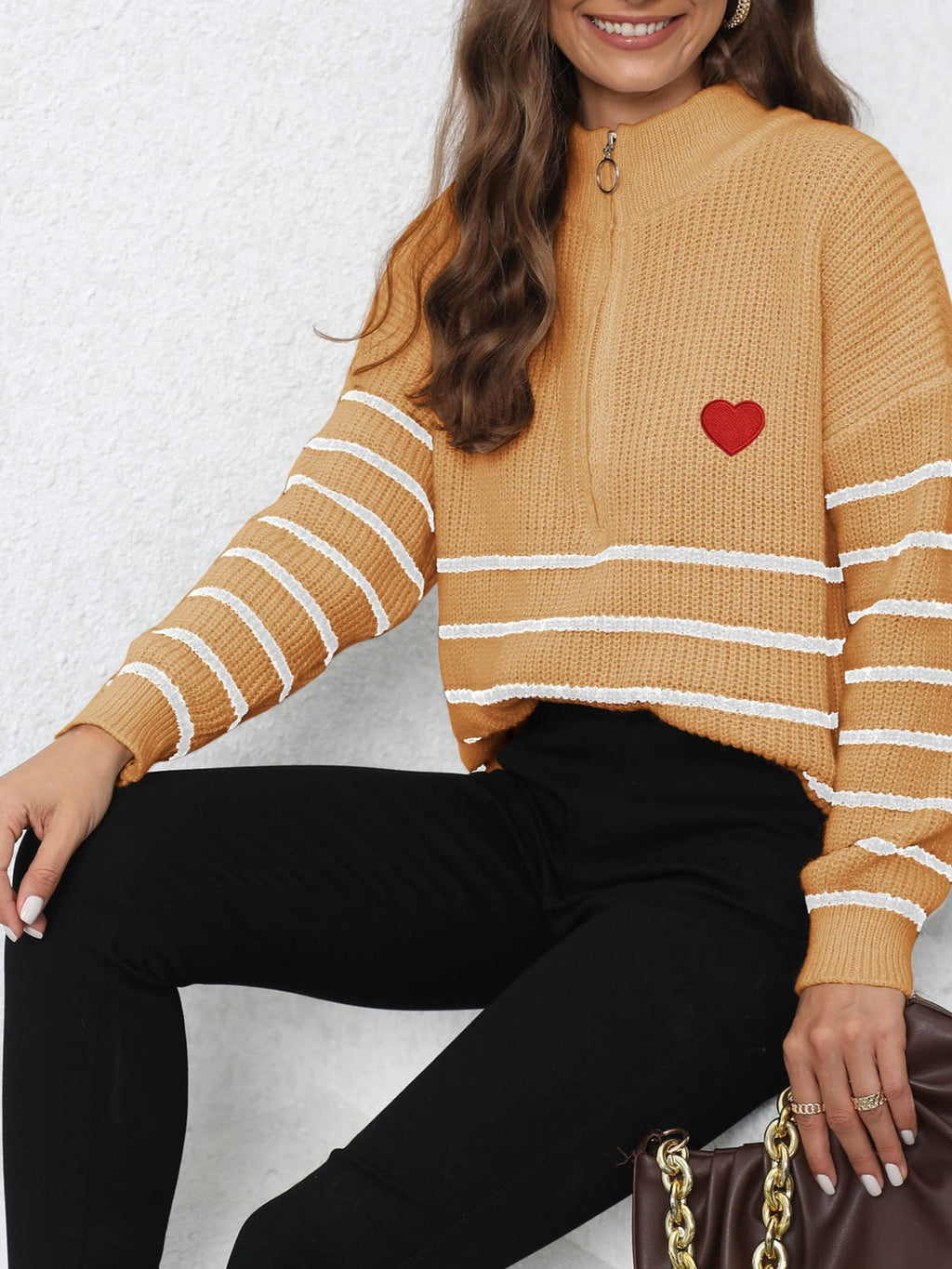Heart Embroidered Half Zip Stripe Sweater - Yellow - 2