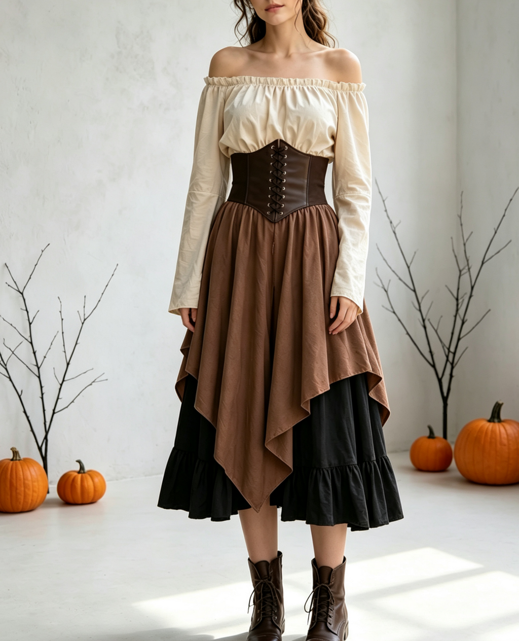 Peasant Blouse Corset Belt Layered Skirt Set - Brown - 4