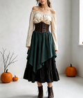 Peasant Blouse Corset Belt Layered Skirt Set - Green
