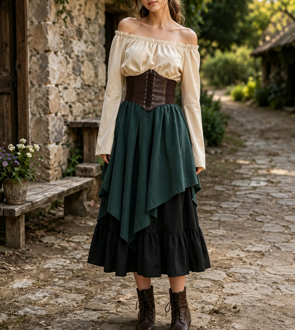 Peasant Blouse Corset Belt Layered Skirt Set - Green - 3