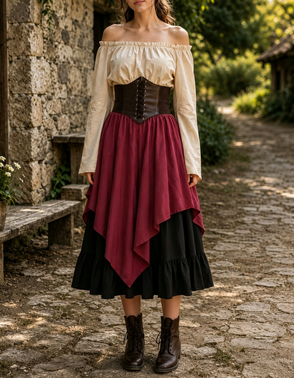 Peasant Blouse Corset Belt Layered Skirt Set - Red - 1