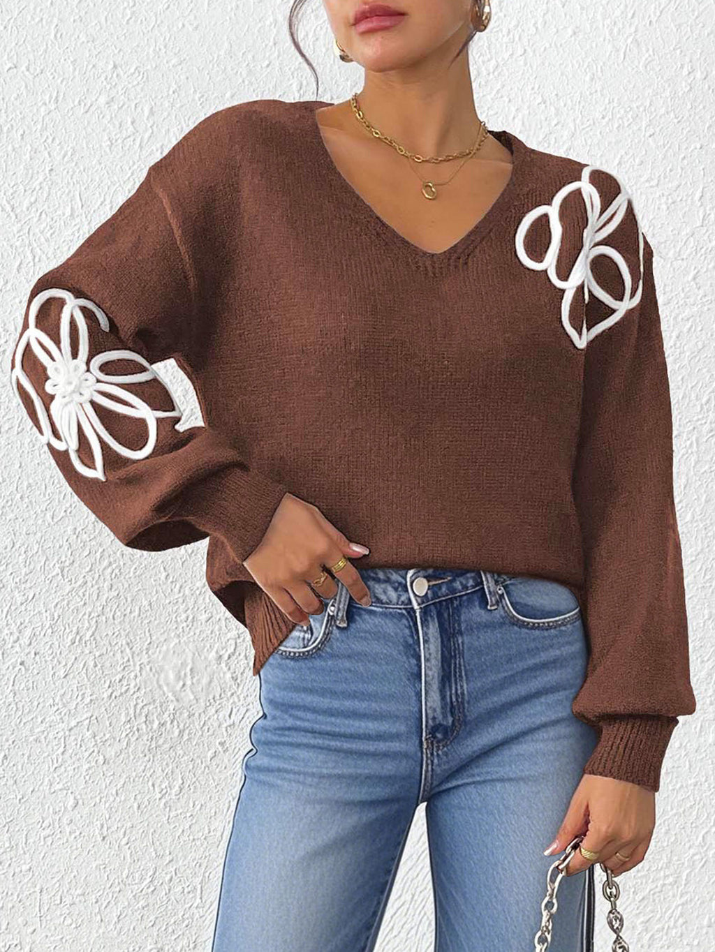 Outline Flower Embroidery V Neck Sweater