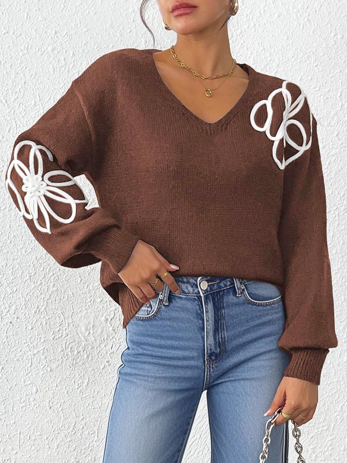 Outline Flower Embroidery V Neck Sweater