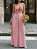 Striped Contrast Trim Halter Maxi Dress - WineRed
