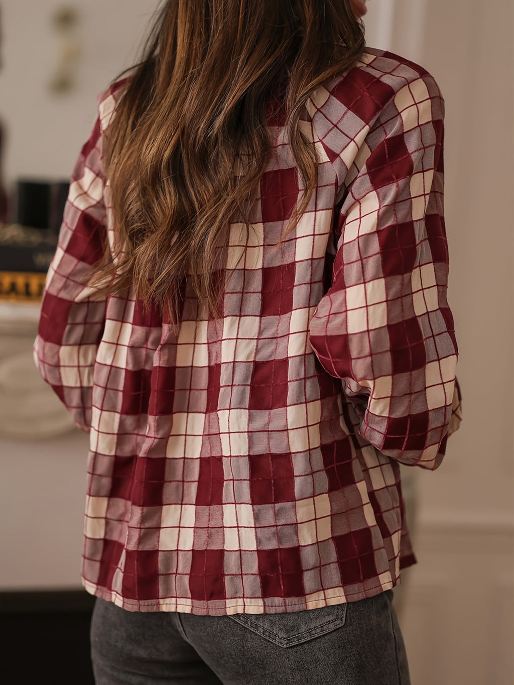 Plaid Ruffle Neck Button Down Shirt - Red - 4