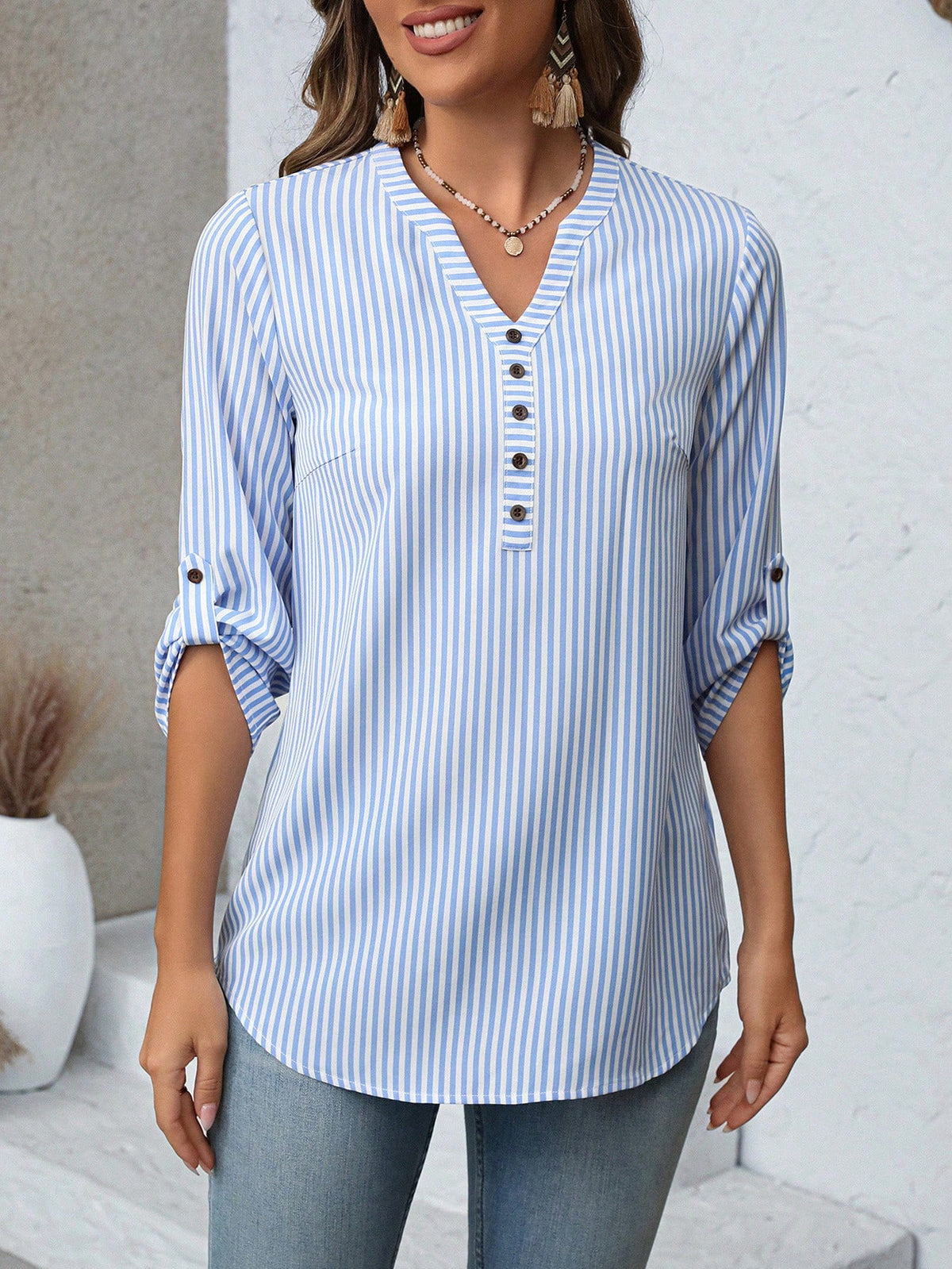 Striped Notch V Neck Roll Sleeve Tee - Blue - 1