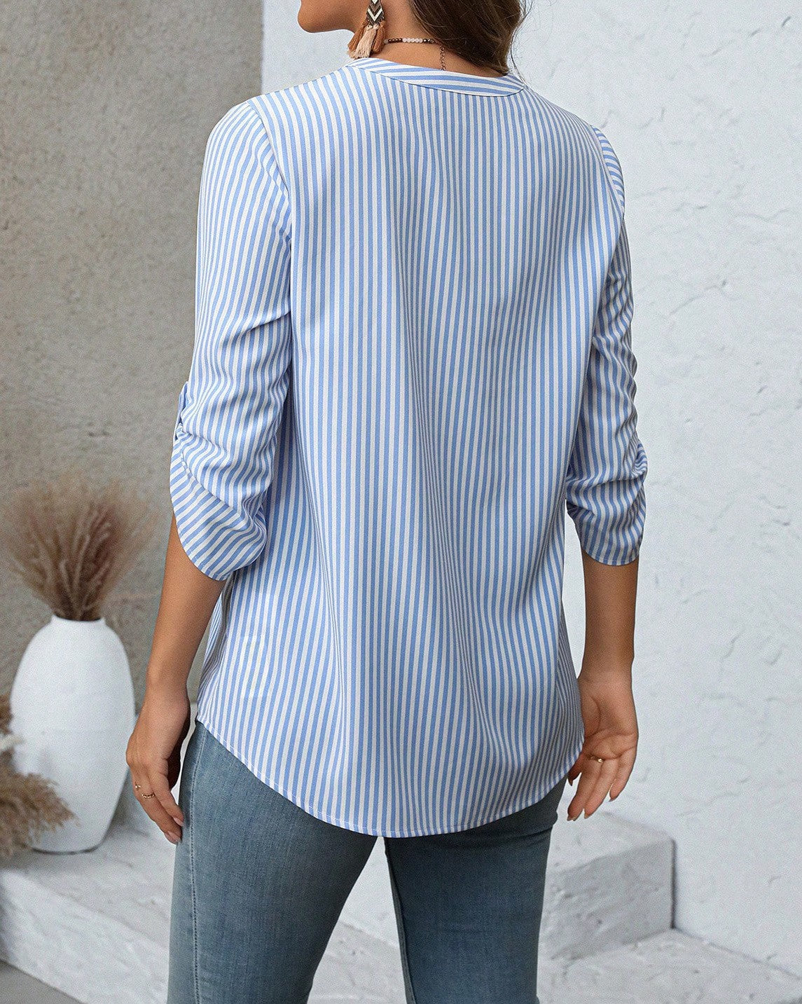 Striped Notch V Neck Roll Sleeve Tee - Blue - 2
