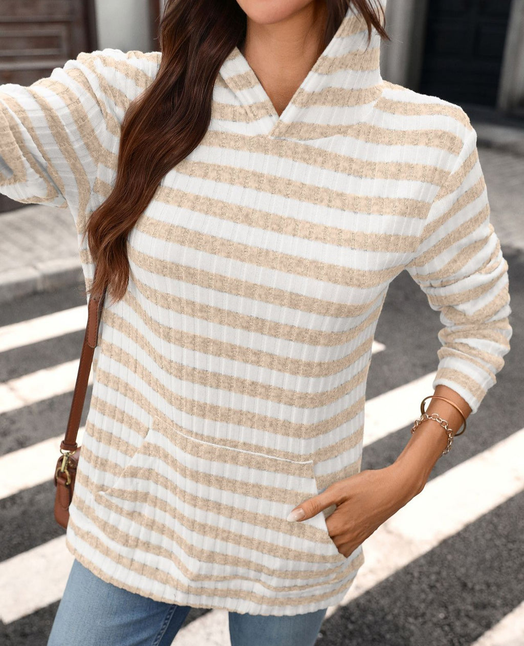 Striped Knit Hoodie With Kangaroo Pocket - Apricot