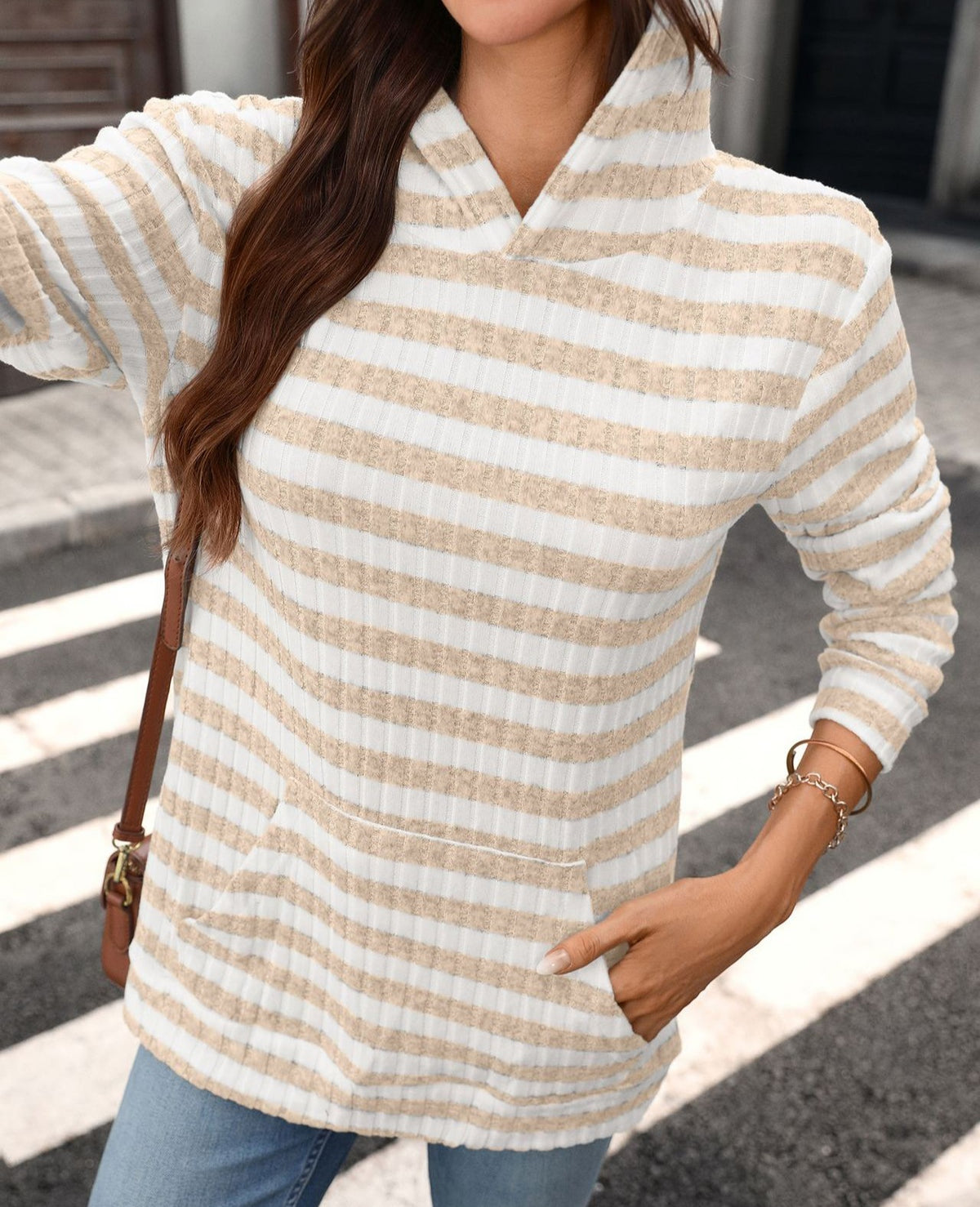 Striped Knit Hoodie With Kangaroo Pocket - Apricot