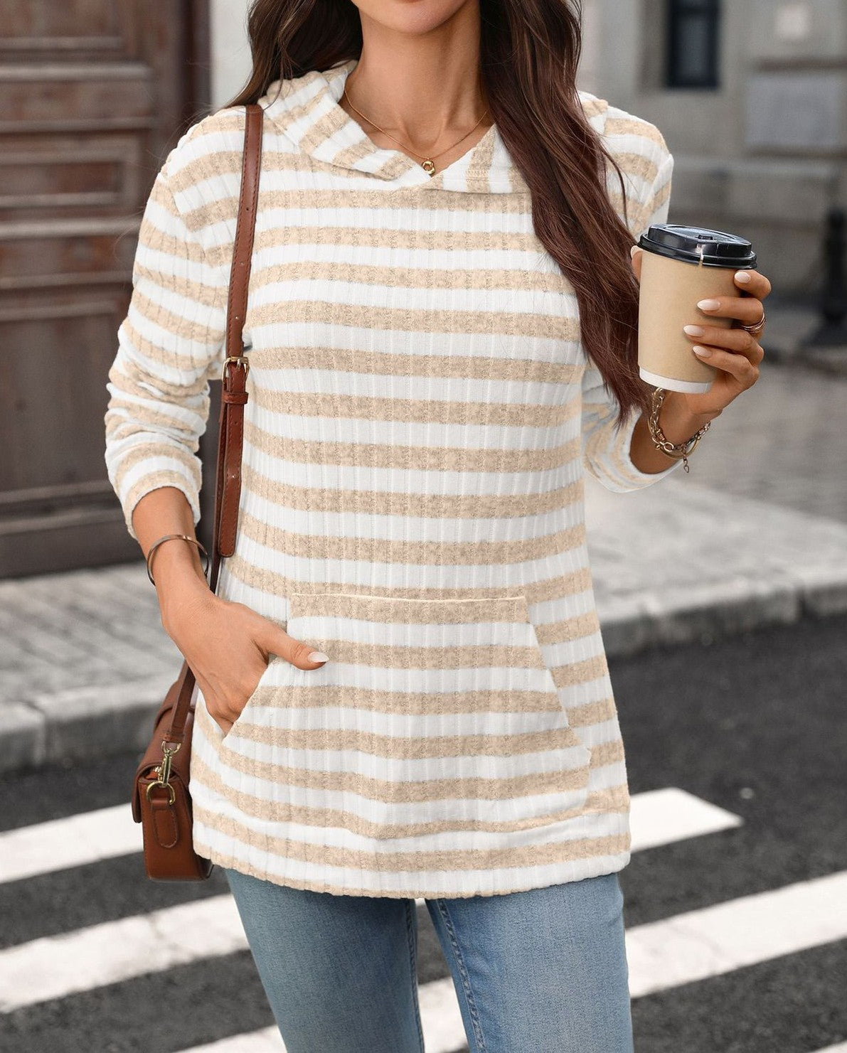 Striped Knit Hoodie With Kangaroo Pocket - Apricot - 1
