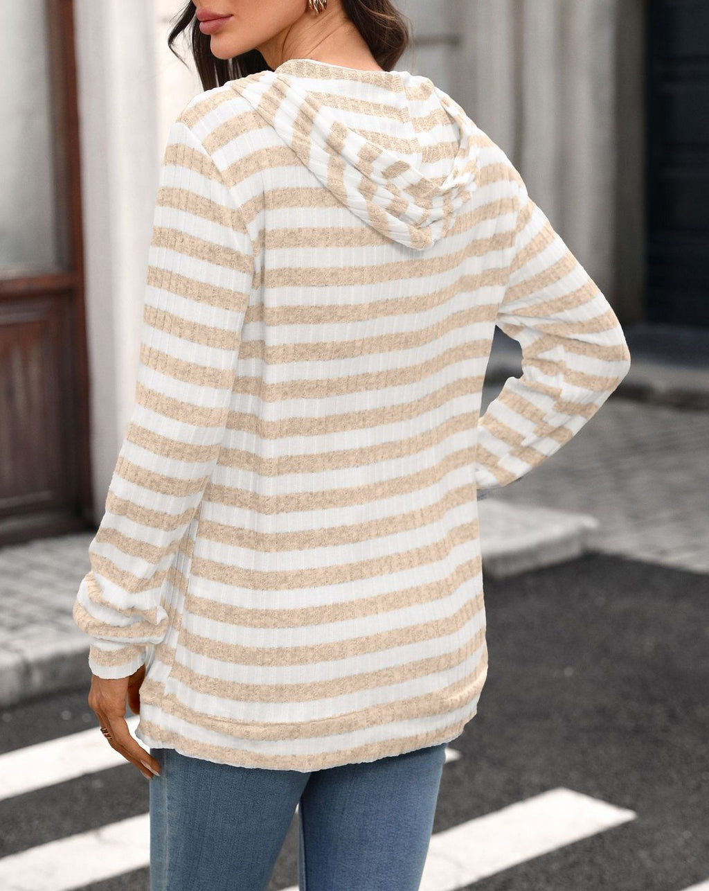 Striped Knit Hoodie With Kangaroo Pocket - Apricot - 2