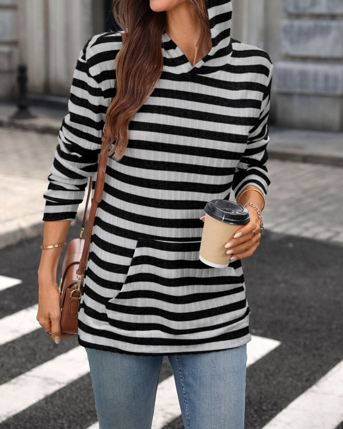 Striped Knit Hoodie With Kangaroo Pocket - Blackgrey