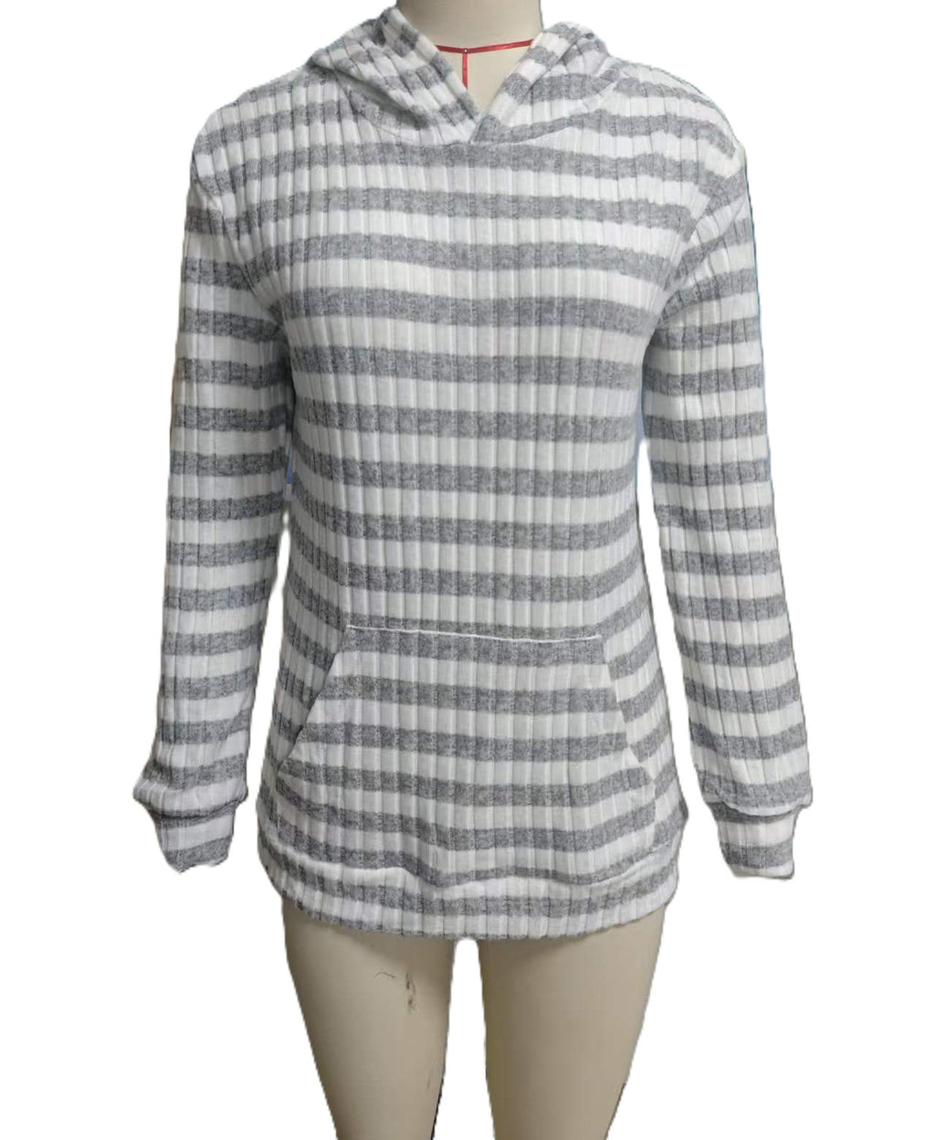 Striped Knit Hoodie With Kangaroo Pocket - Grey