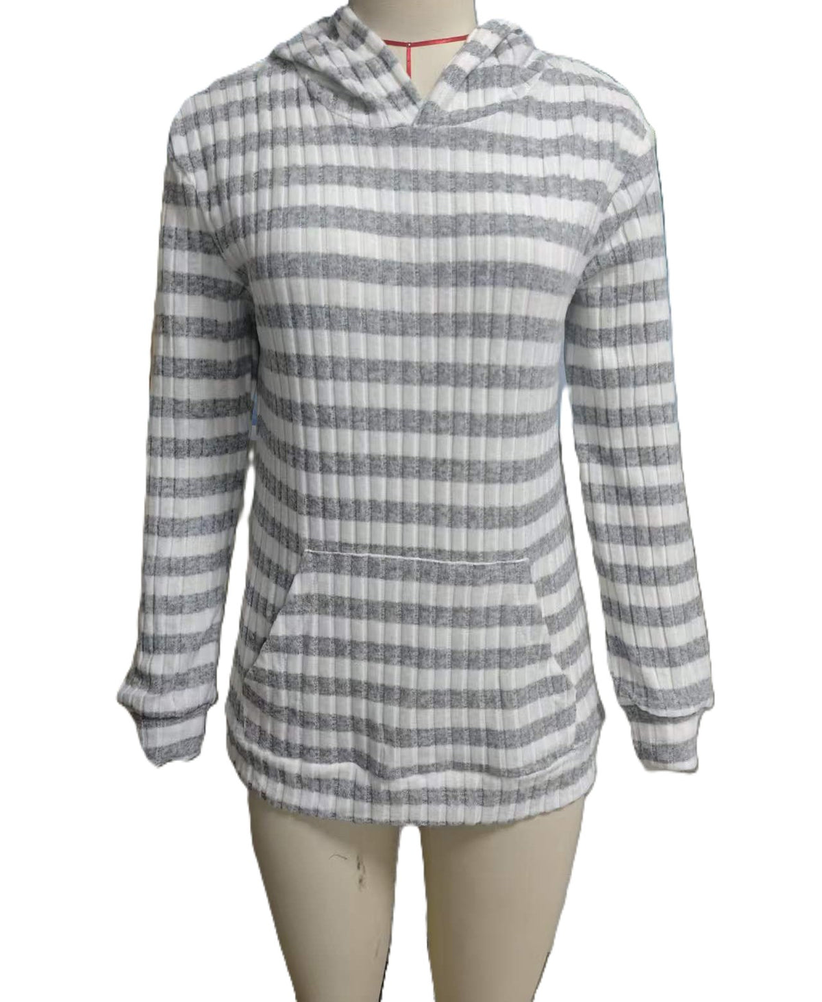 Striped Knit Hoodie With Kangaroo Pocket - Grey