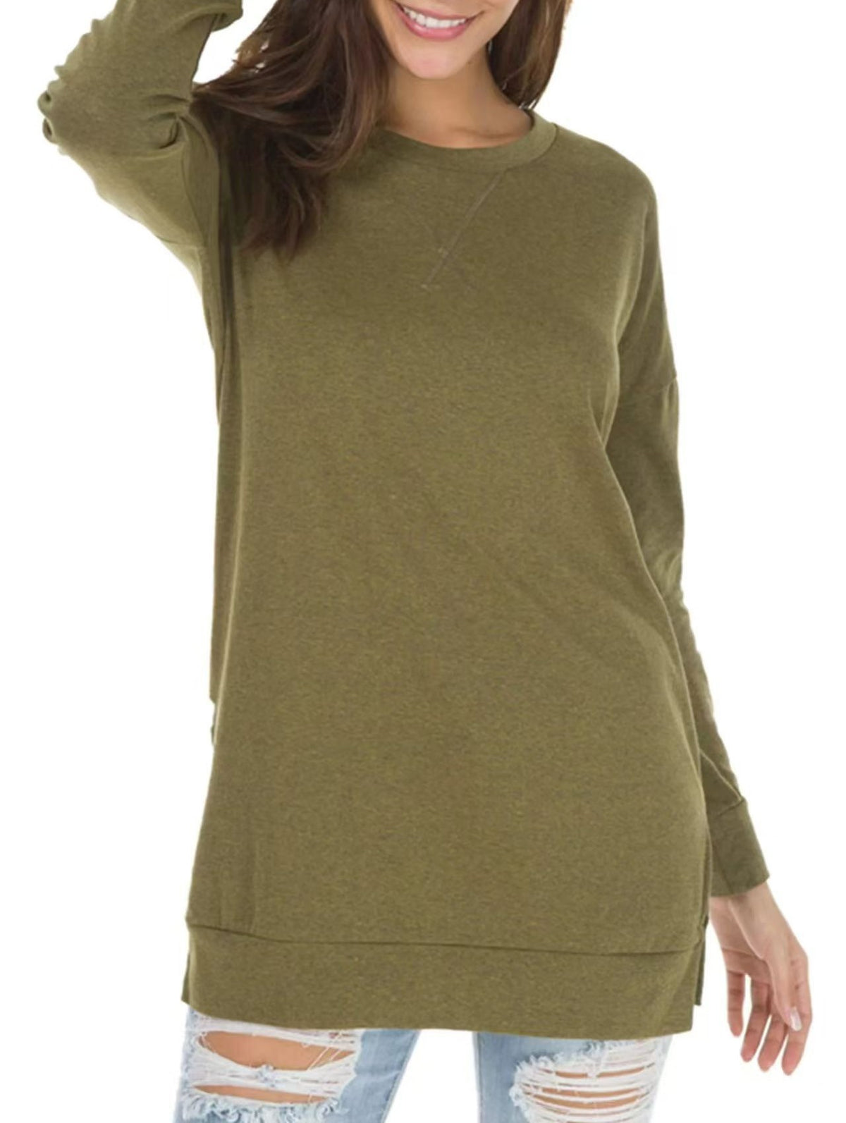 Long Sleeve Side Split Tunic Top - ArmyGreen
