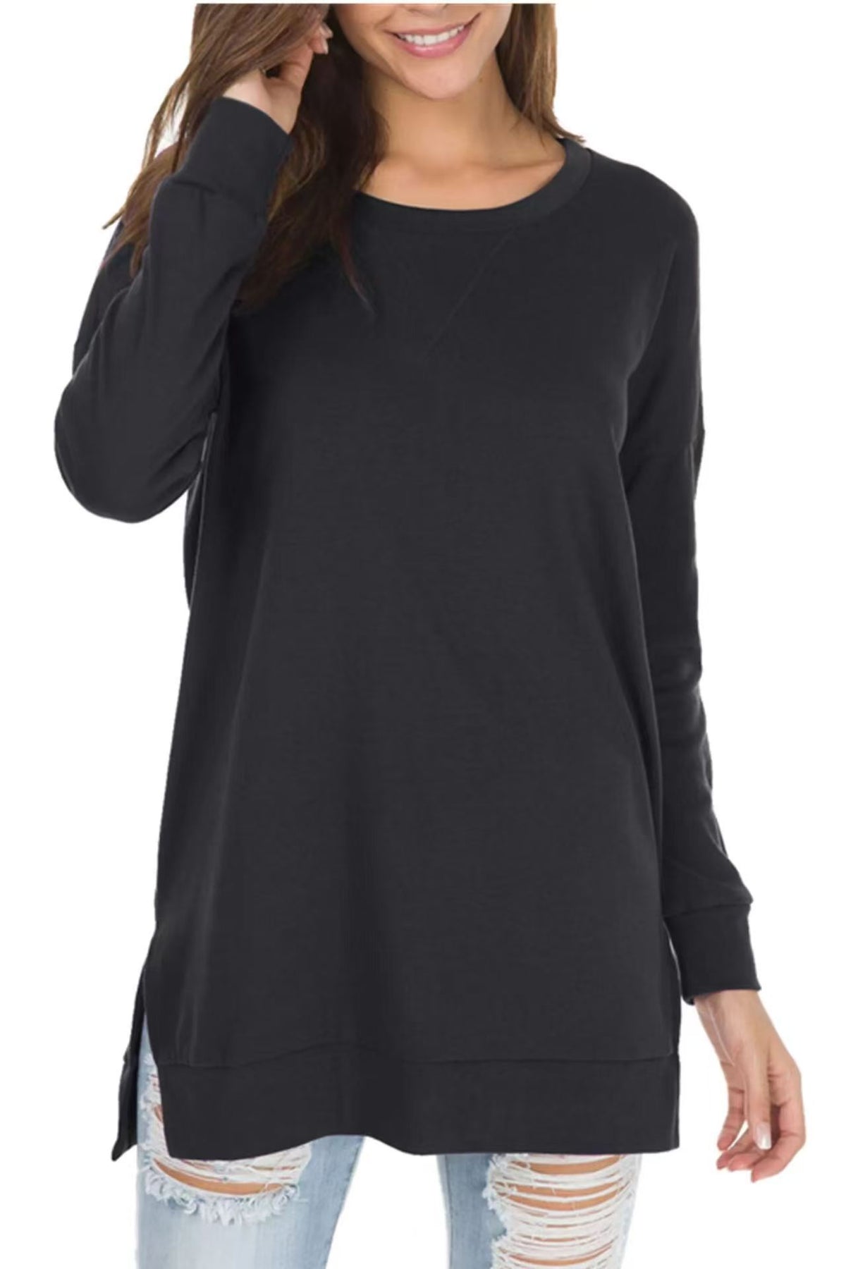 Long Sleeve Side Split Tunic Top - Black