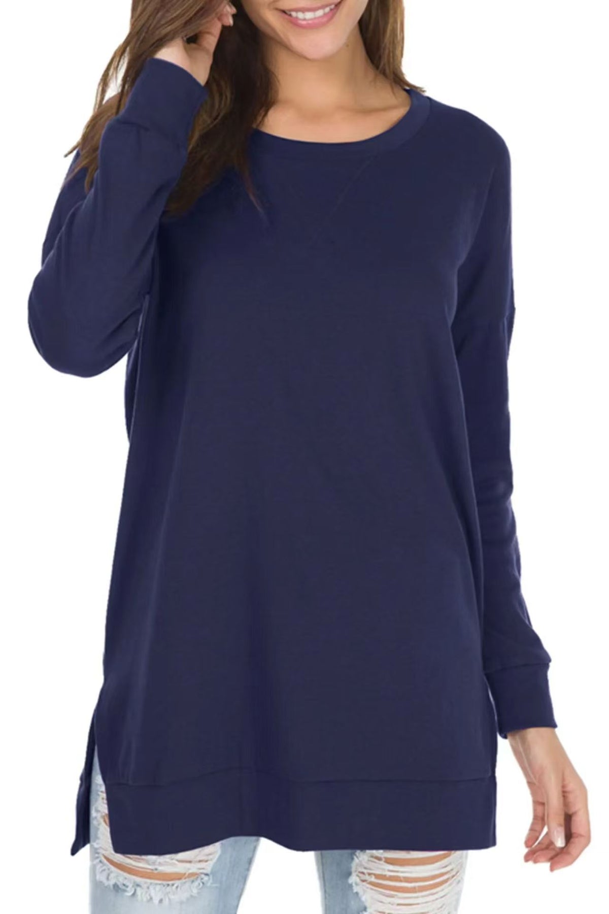 Long Sleeve Side Split Tunic Top - DarkBlue