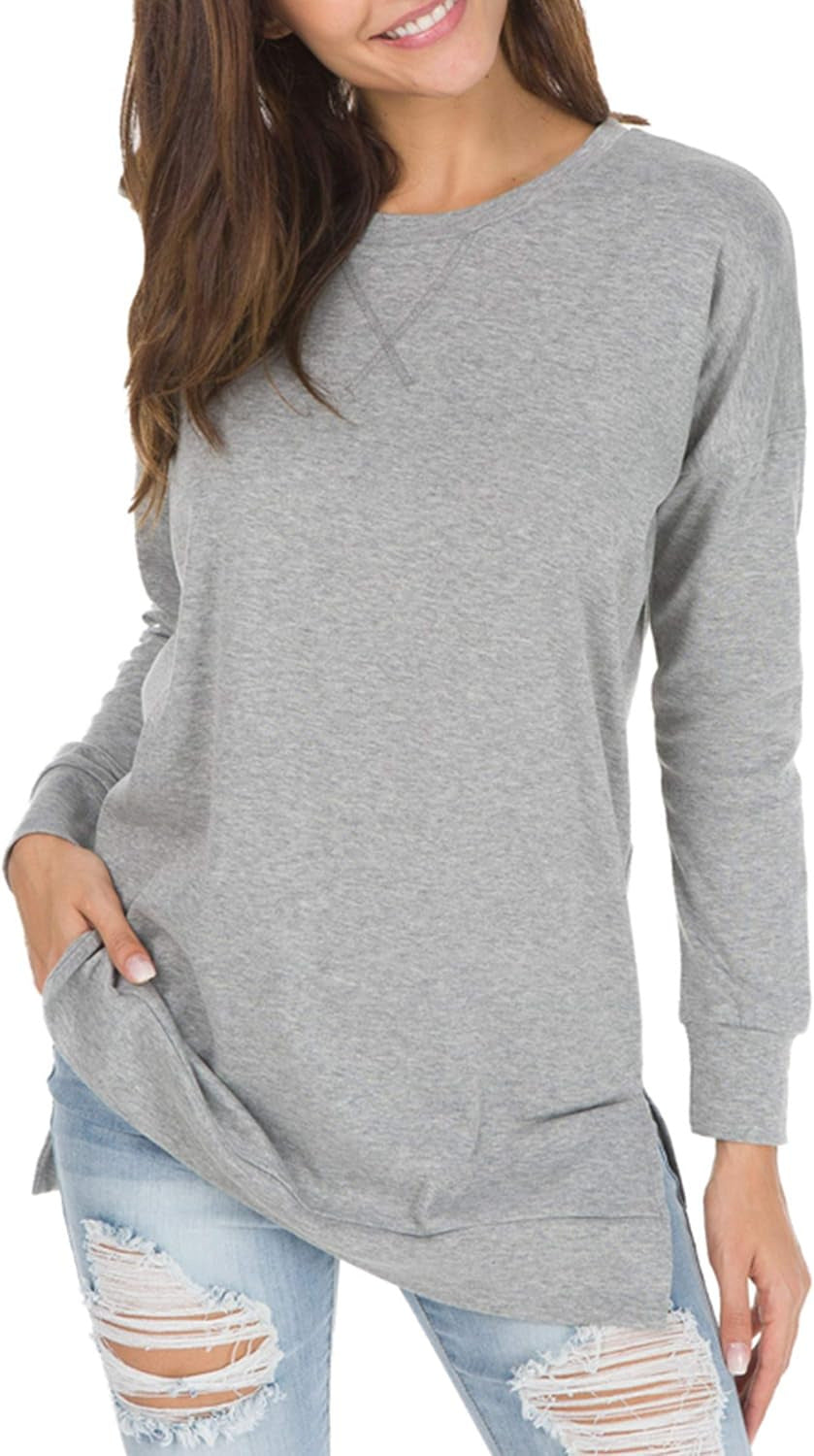 Long Sleeve Side Split Tunic Top - LightGray