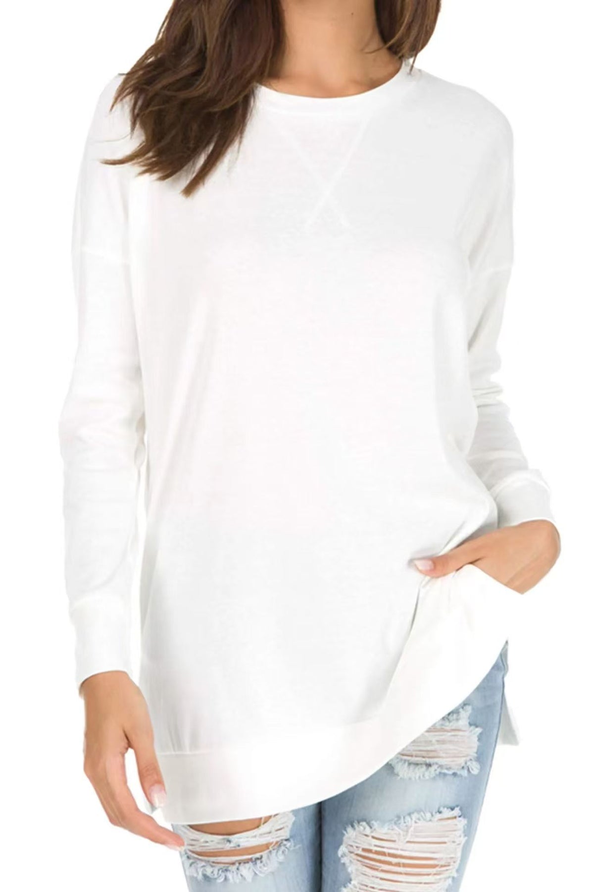 Long Sleeve Side Split Tunic Top - White
