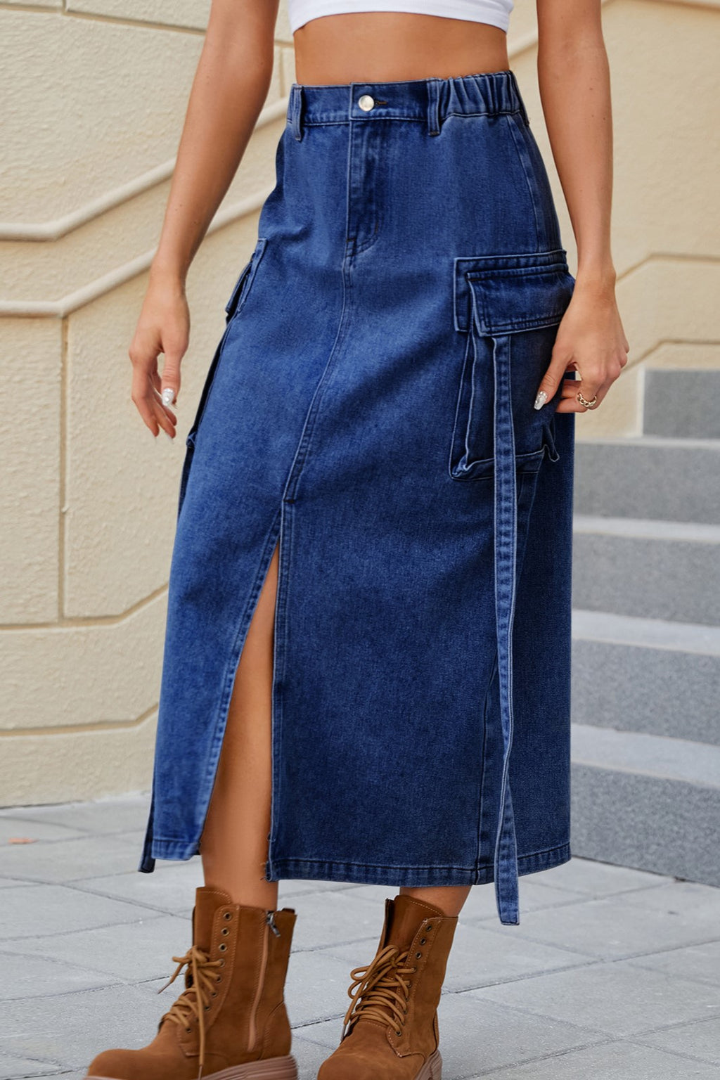 Denim Cargo Midi Skirt With Front Split - Indigo