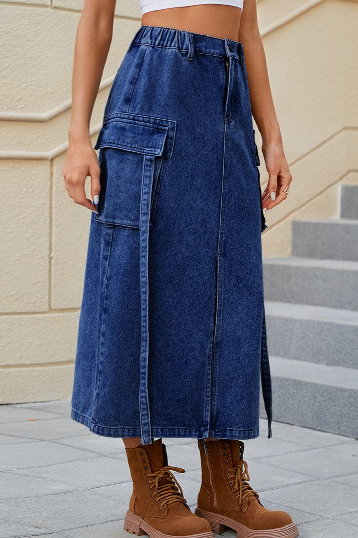 Denim Cargo Midi Skirt With Front Split - Indigo - 1