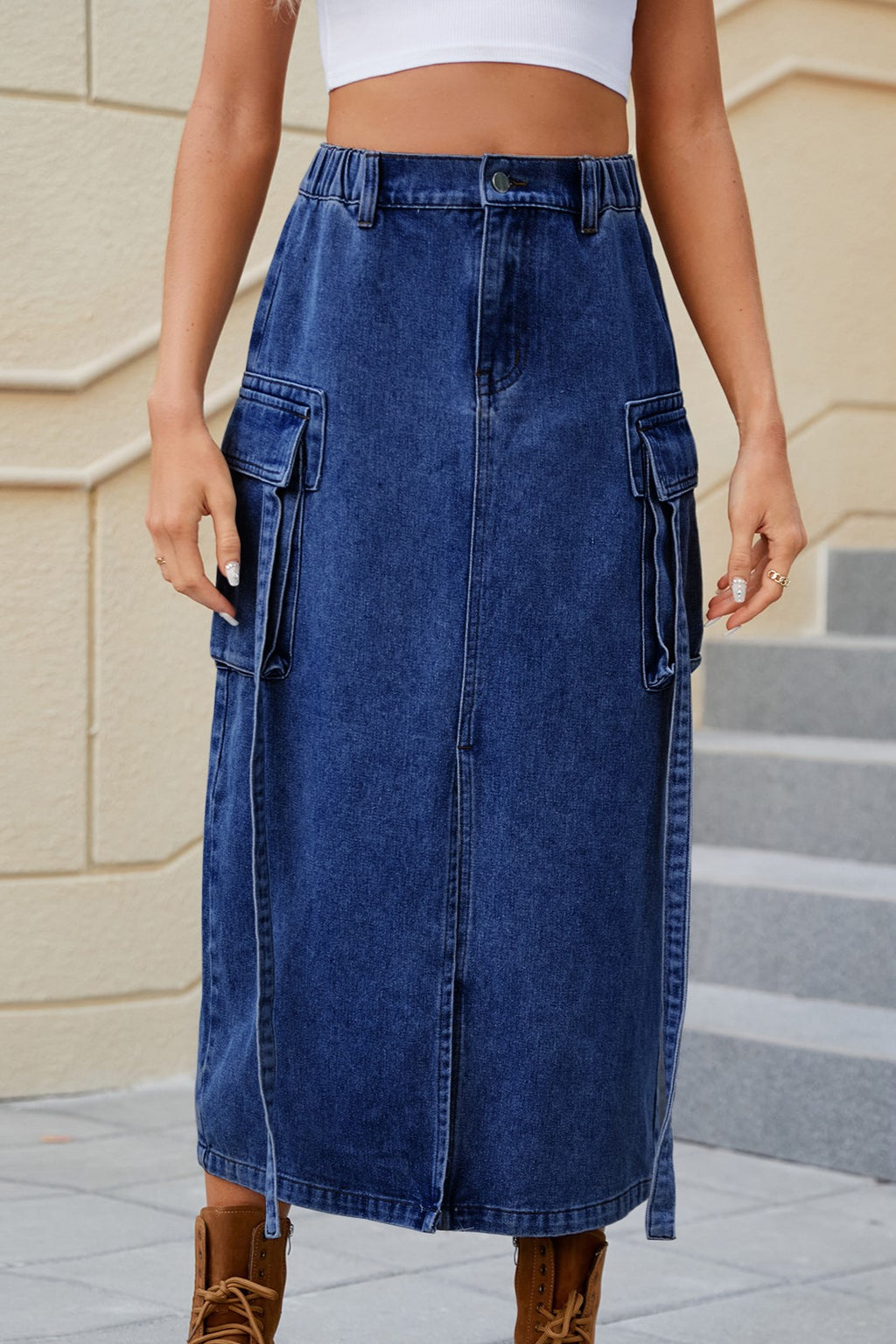 Denim Cargo Midi Skirt With Front Split - Indigo - 2