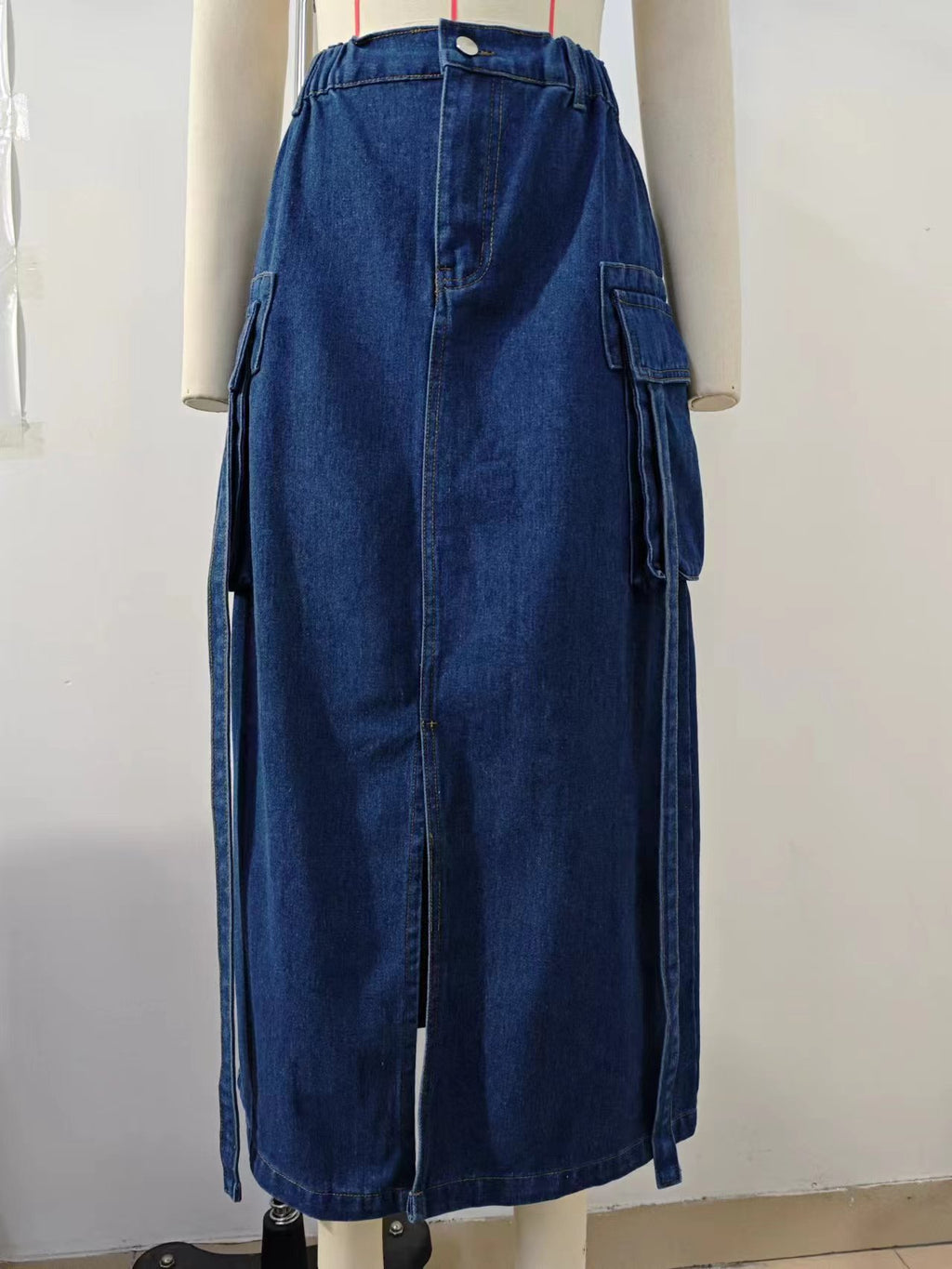 Denim Cargo Midi Skirt With Front Split - Indigo - 5