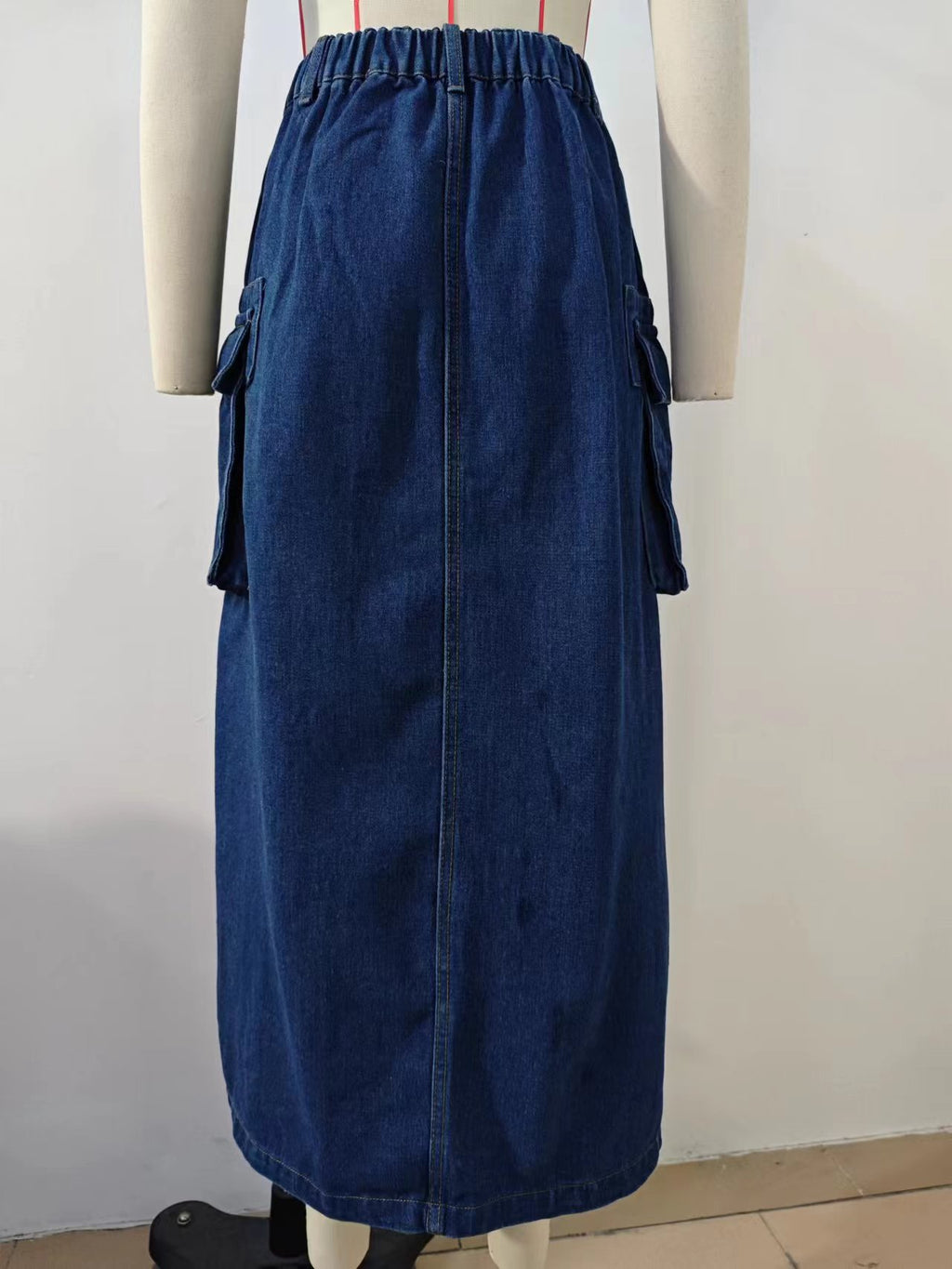 Denim Cargo Midi Skirt With Front Split - Indigo - 9