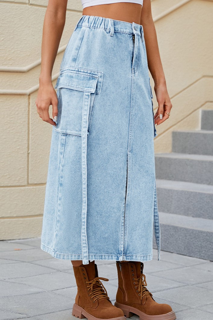 Denim Cargo Midi Skirt With Front Split - Light blue