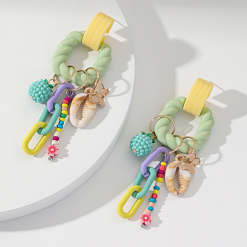 Beaded Shell Charm Statement Earrings - Green