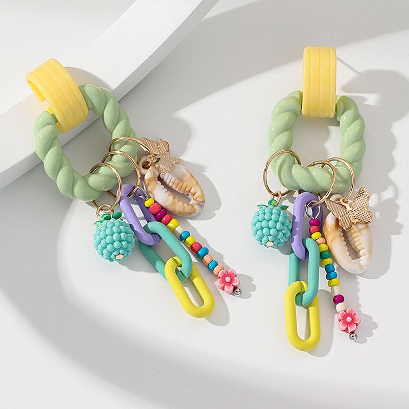 Beaded Shell Charm Statement Earrings - Green - 1