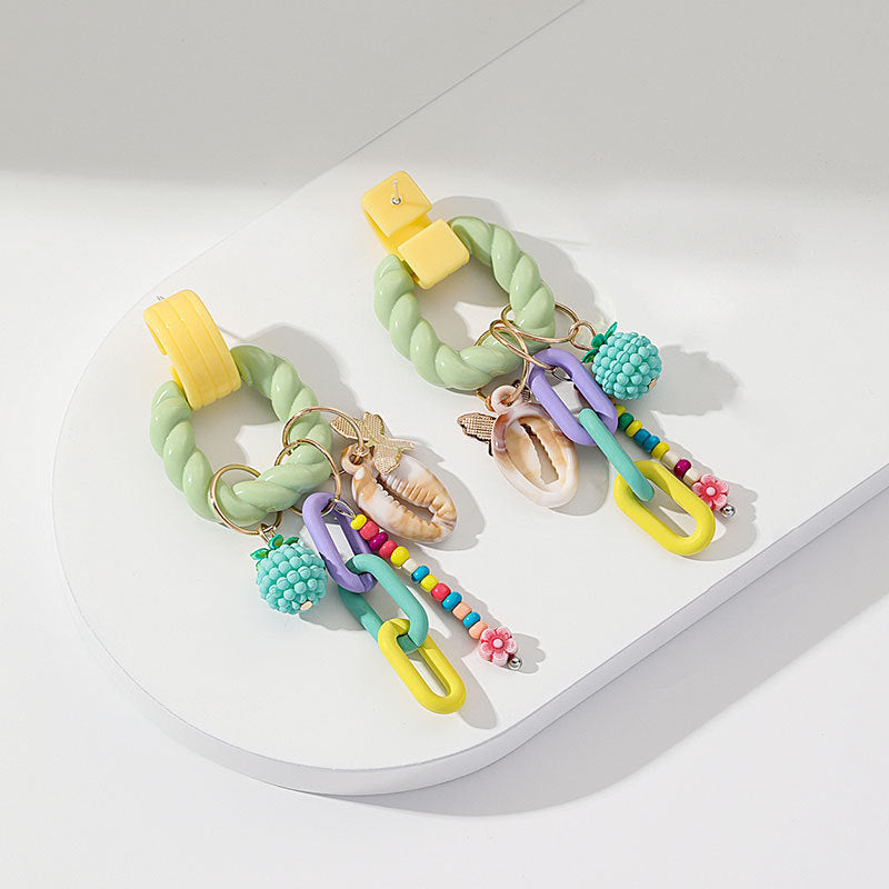 Beaded Shell Charm Statement Earrings - Green - 2