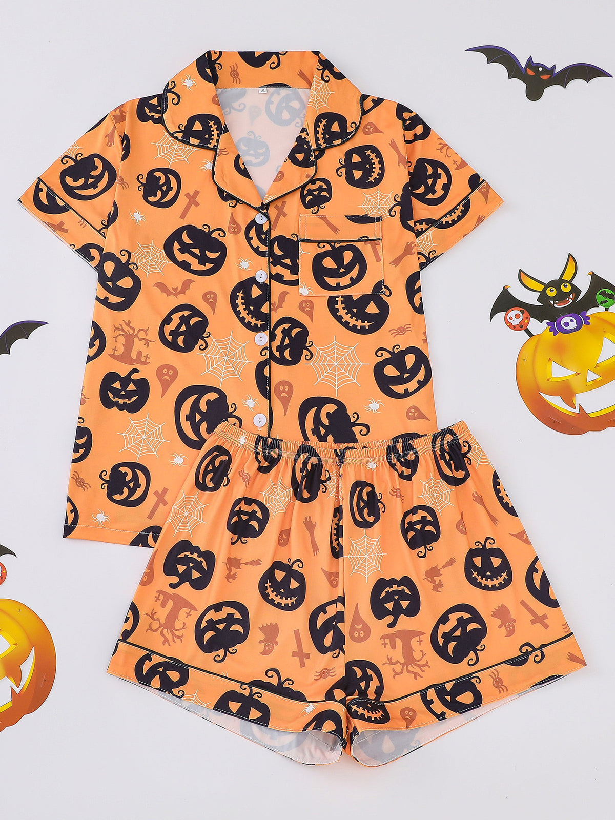 Spooky Print Button Front Sleep Shorts Set - Color_1