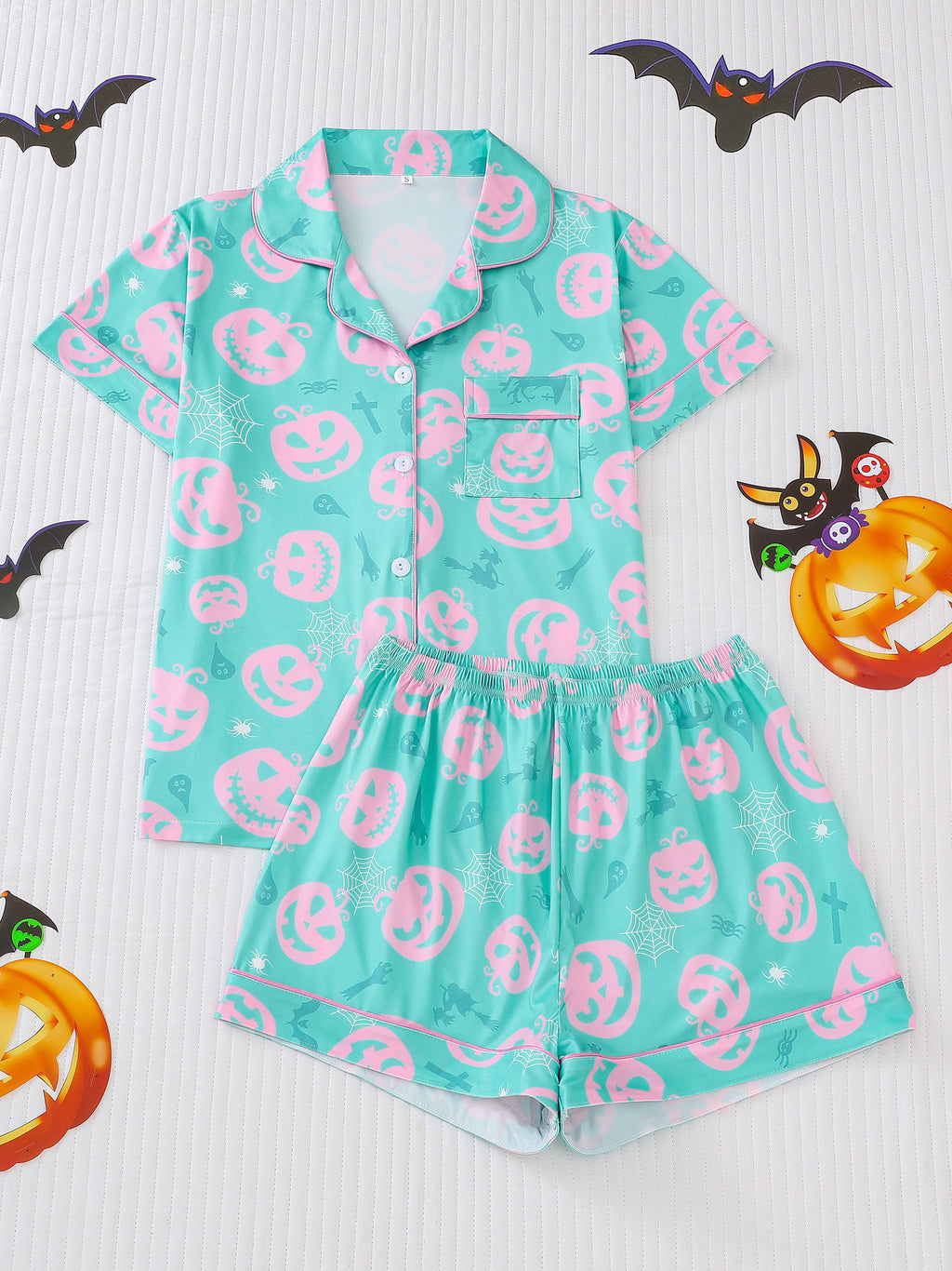 Spooky Print Button Front Sleep Shorts Set - Color_2
