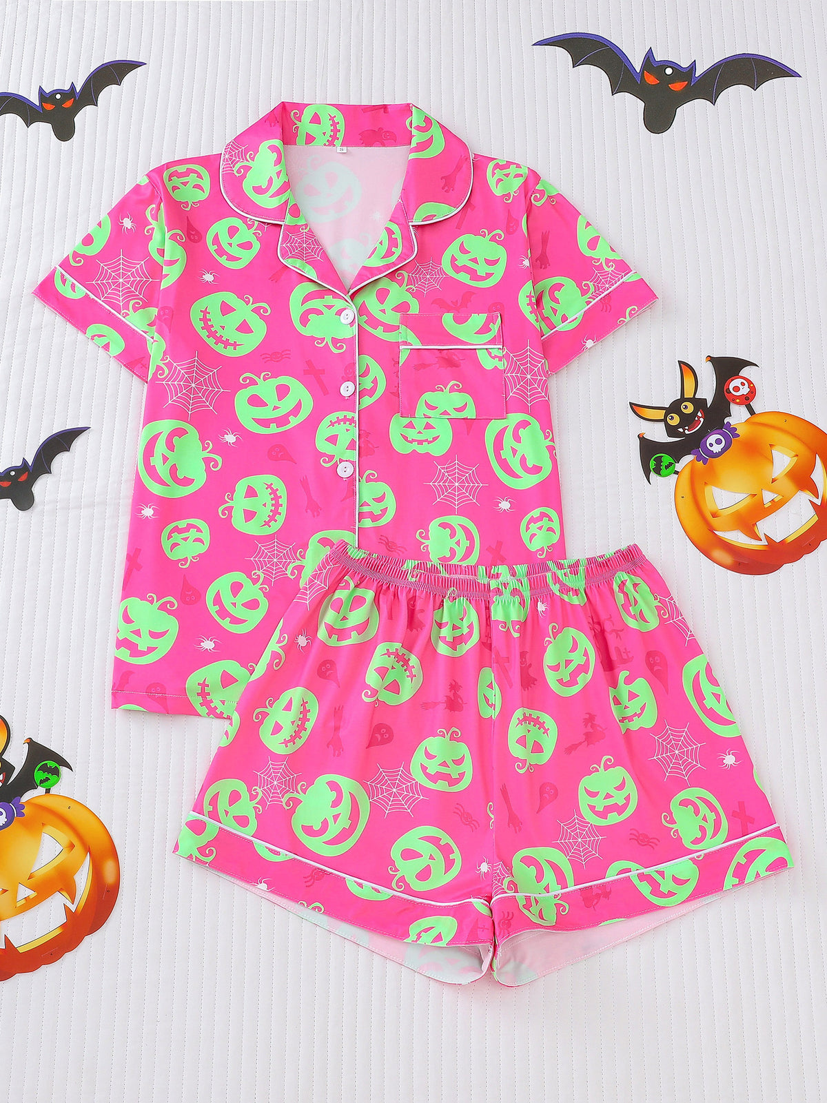 Spooky Print Button Front Sleep Shorts Set - Color_3