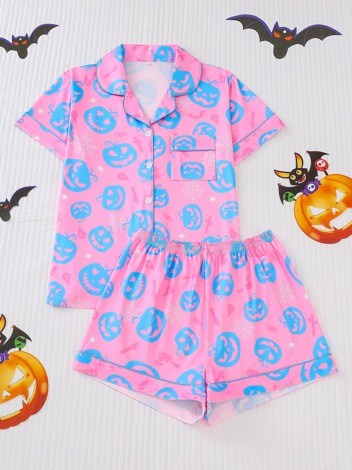 Spooky Print Button Front Sleep Shorts Set - Color_4