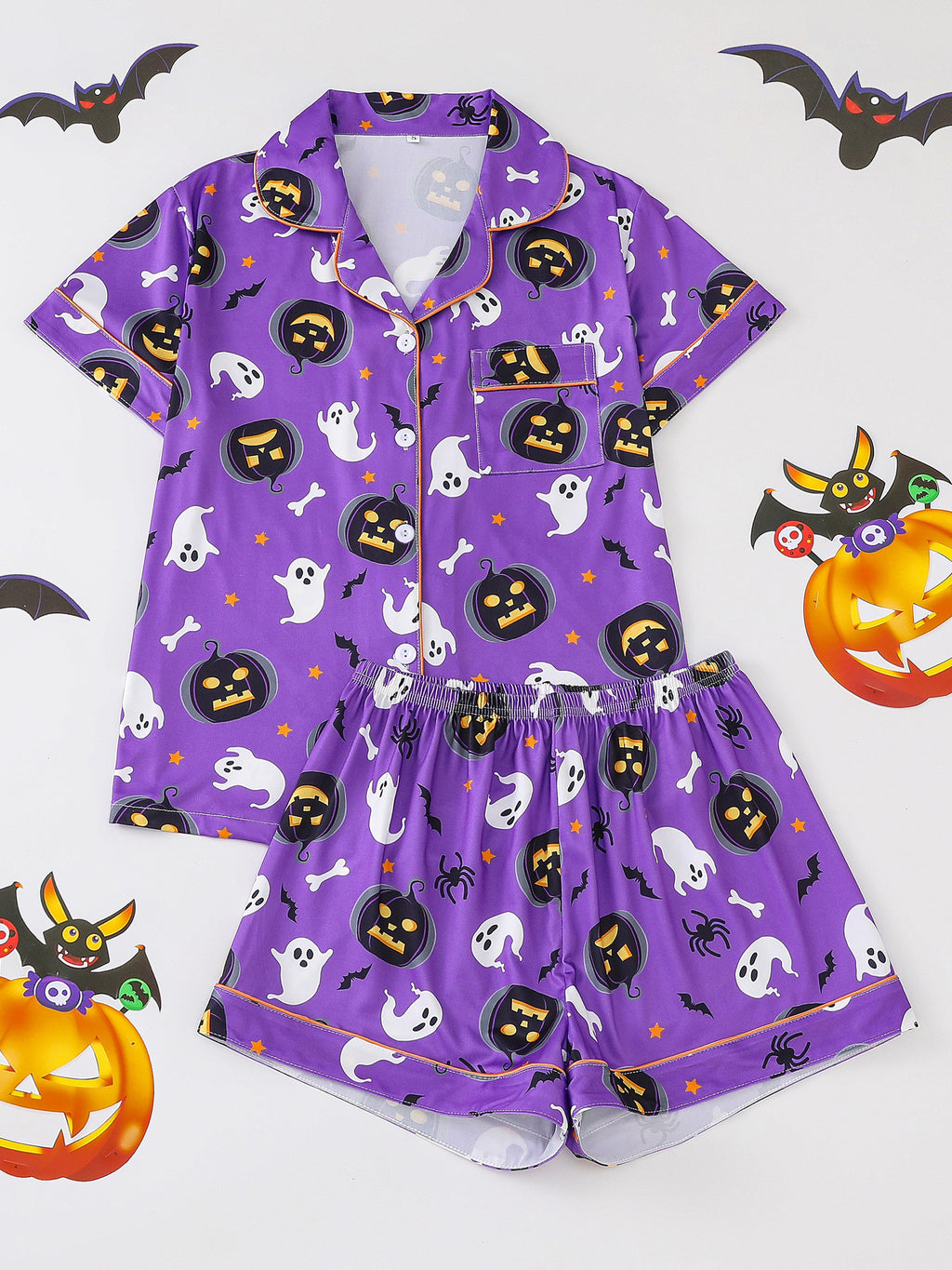 Spooky Print Button Front Sleep Shorts Set - Color_5