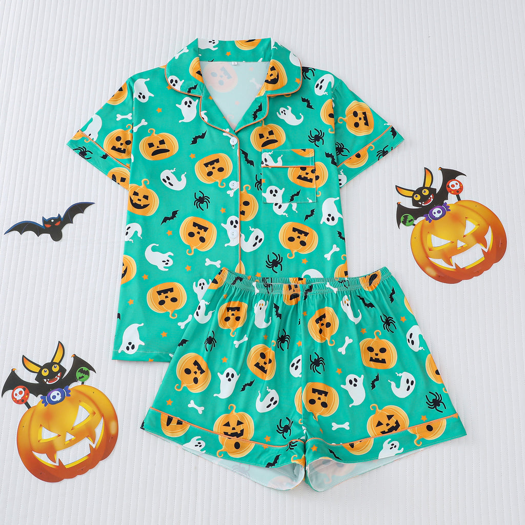 Spooky Print Button Front Sleep Shorts Set - Color_6