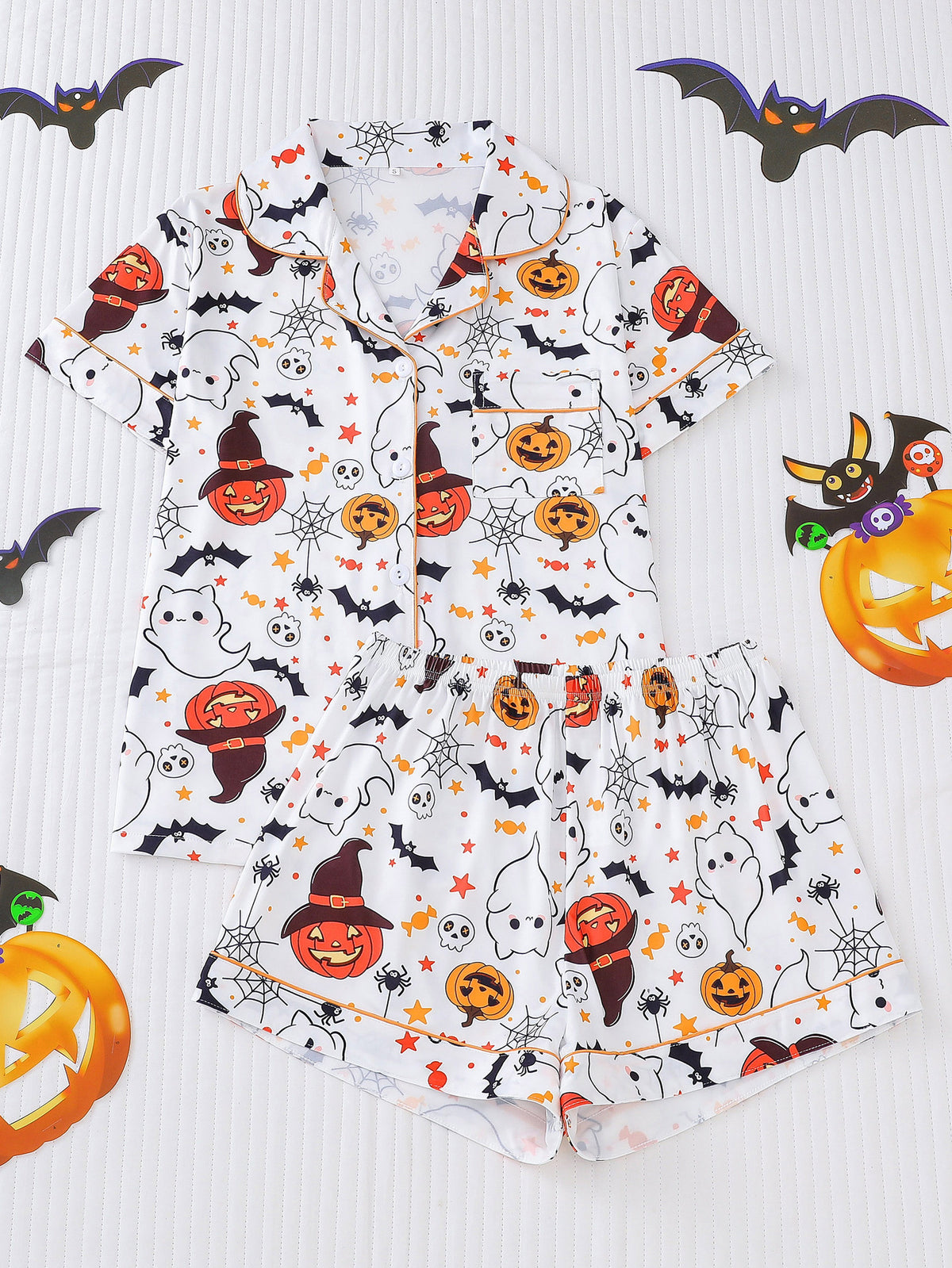 Spooky Print Button Front Sleep Shorts Set - Color_7