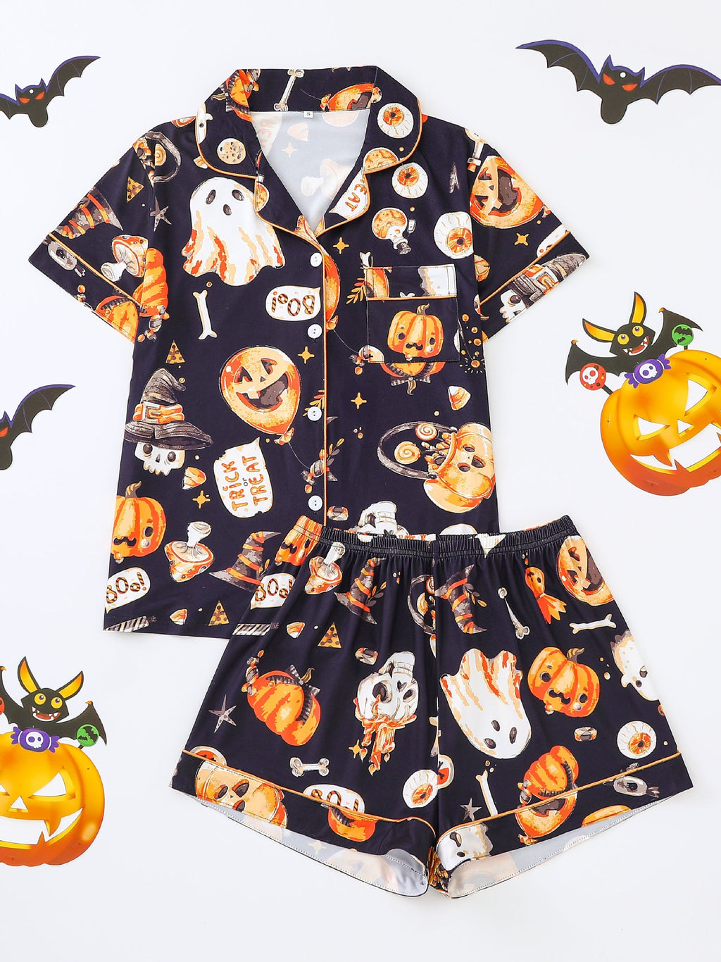 Spooky Print Button Front Sleep Shorts Set - Color_9