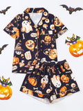Spooky Print Button Front Sleep Shorts Set - Color_9