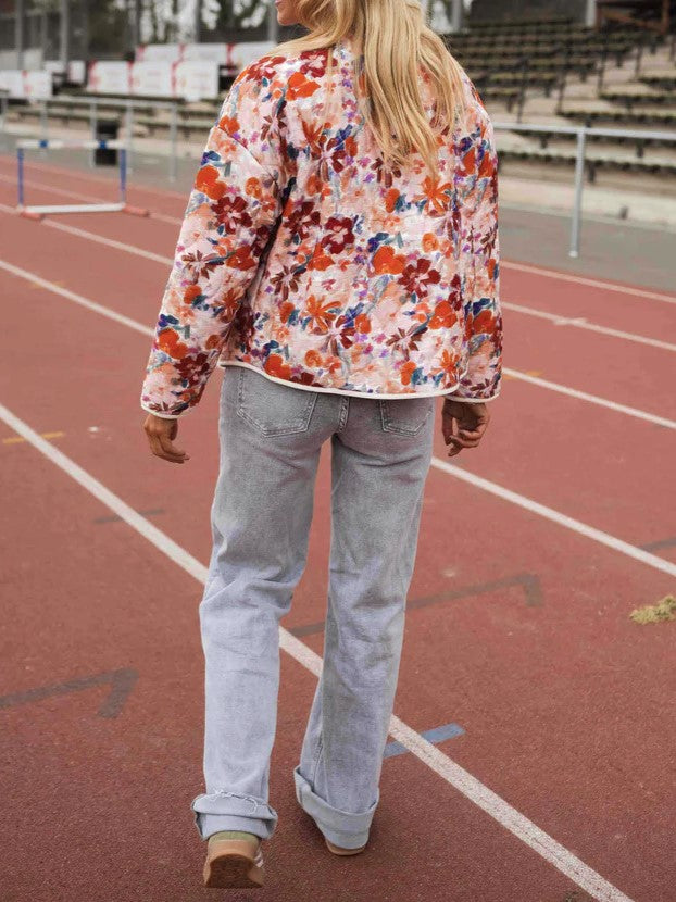Painterly Floral Quilted Open Jacket - Red - 1