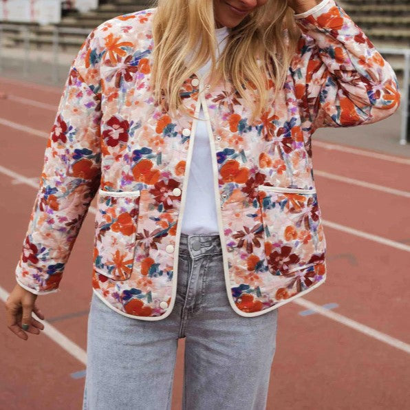 Painterly Floral Quilted Open Jacket - Red - 2