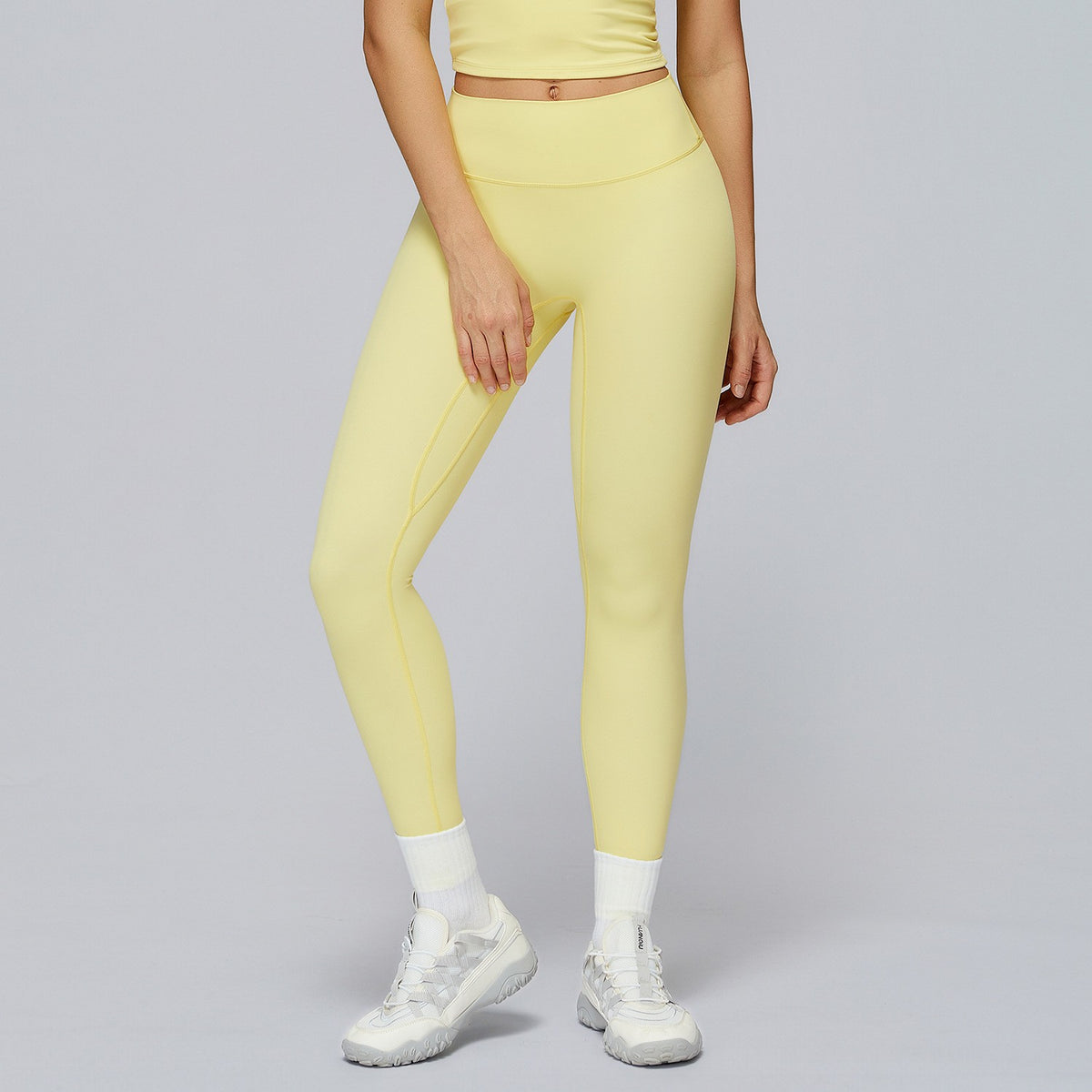 Brushed Contour Seam High Waist Yoga Leggings - Pale Yellow