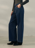 Dark Wash Pleated Wide Straight Jeans - Blue