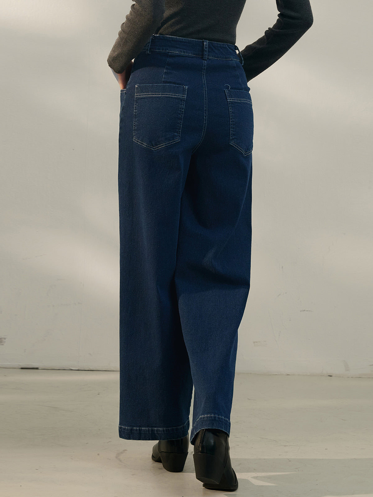 Dark Wash Pleated Wide Straight Jeans - Blue - 5