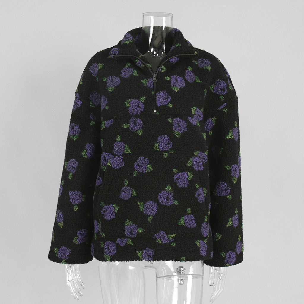 Cozy Sherpa Half Zip Jacket with Flower Pattern - BlackPurple