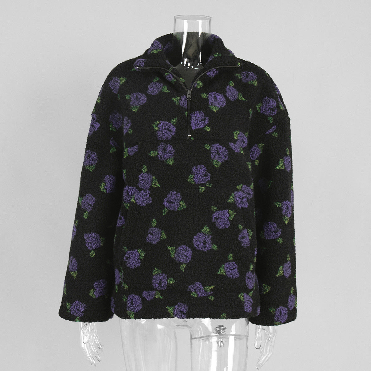 Cozy Sherpa Half Zip Jacket with Flower Pattern - BlackPurple