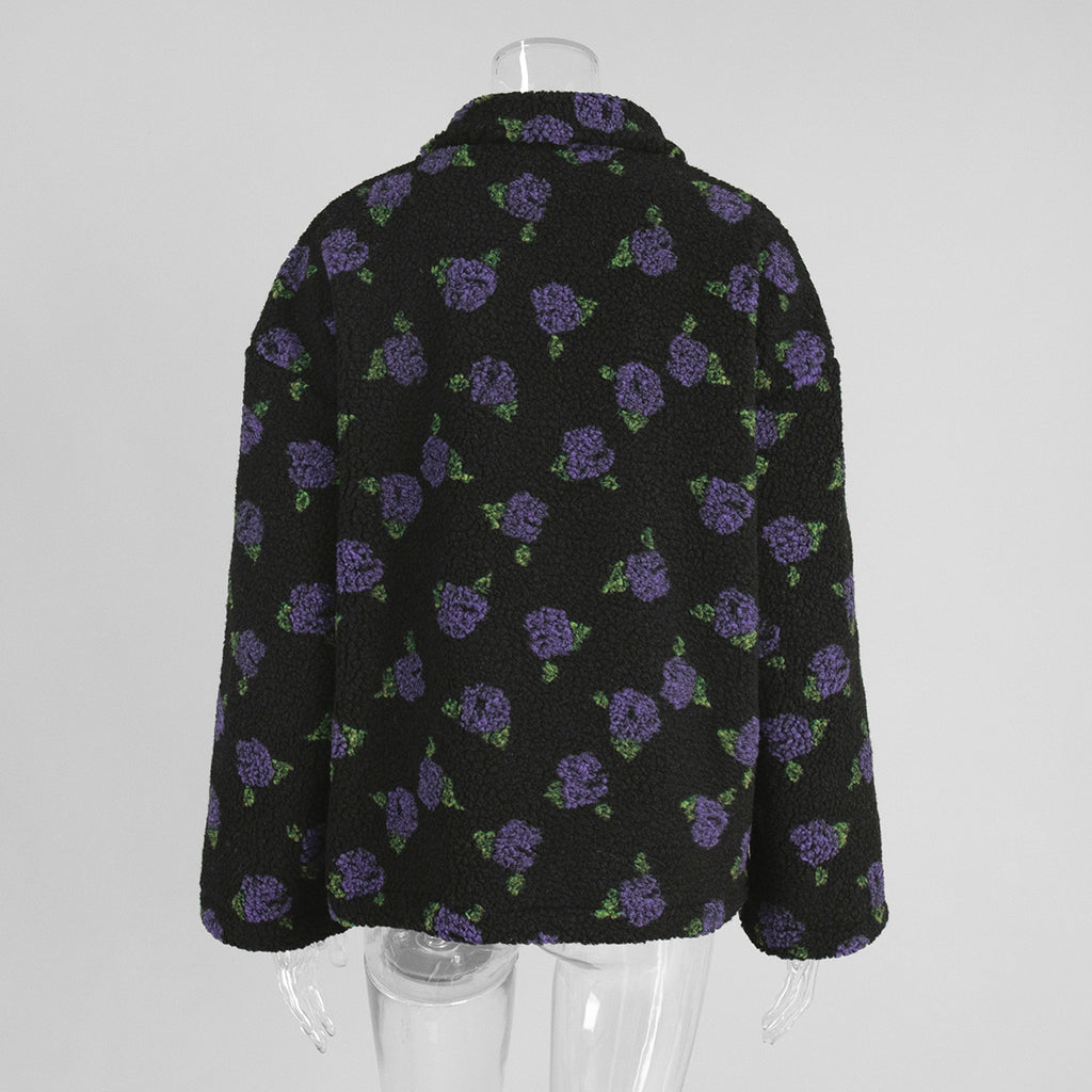Cozy Sherpa Half Zip Jacket with Flower Pattern - BlackPurple - 1