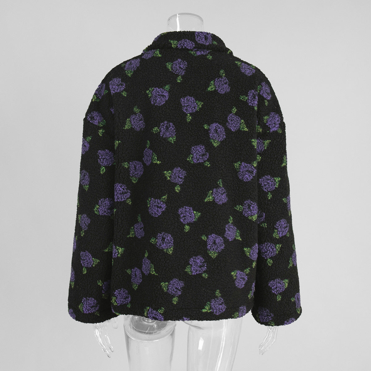 Cozy Sherpa Half Zip Jacket with Flower Pattern - BlackPurple - 1